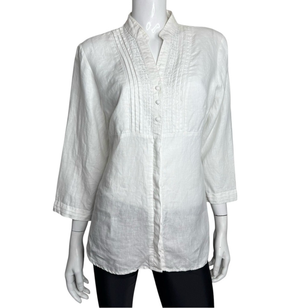 Susan Bristol 100% Linen Long‎ Sleeve V-Neck White Button Down Shirt